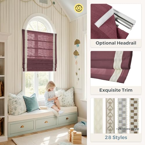 Image of TWOPAGES Liz No Drill Cordless Roman Shades Linen Textured Roman Blinds for Windows, Custom Made Room Darkening Blackout Roman Window Shades, Hardware Included, Red Wine, 1 Piece