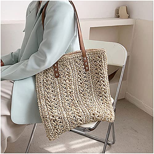 Image of Naimo Women Straw Beach Shoulder Bag Woven Tote Handbag Large Handmade Weaving Summer Casual Hobo Bag