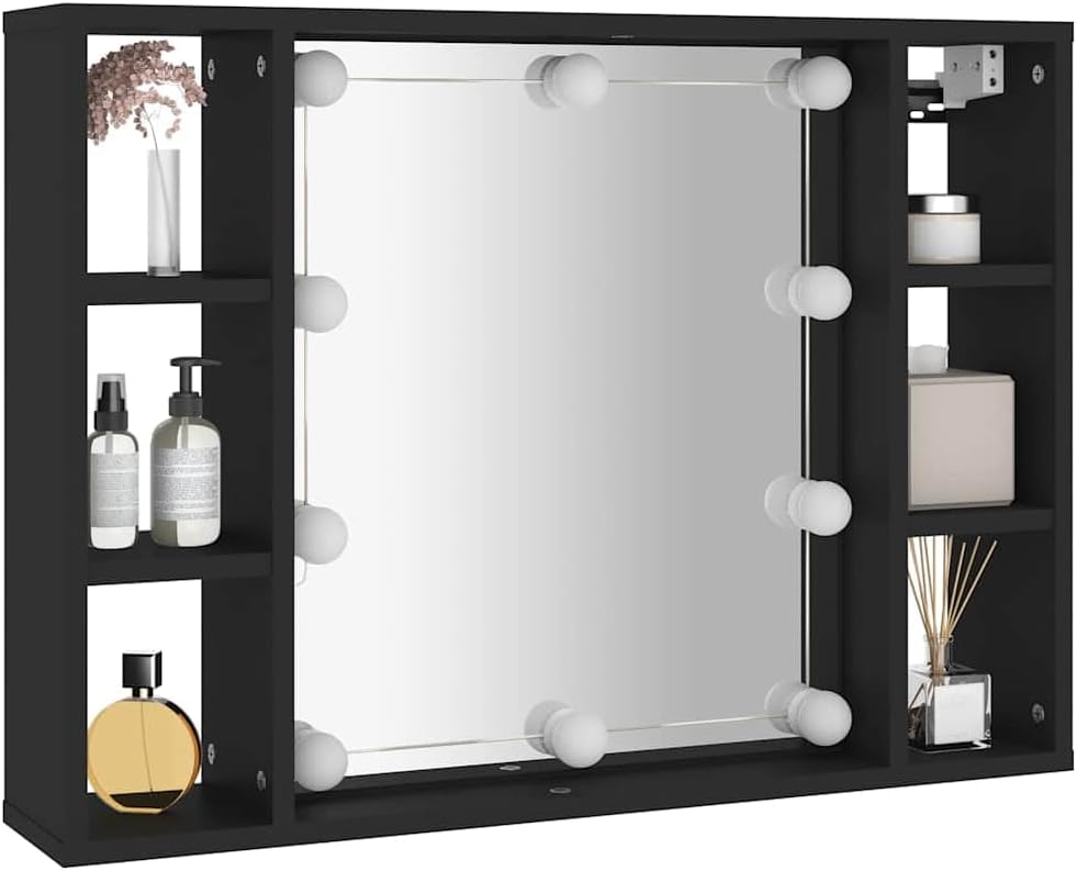 Modern Black LED Mirror Cabinet with Integrated Lighting and Six Spacious Compartments for Organized Storage in Bathroom or Bedroom