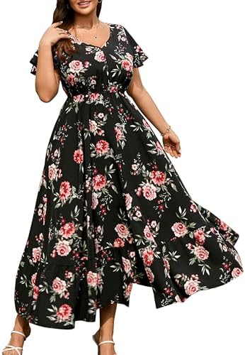 RWJ Women Plus Size Maxi Dress V Neck Short Sleeve Button Trim Split Casual, F-black Red Floral, XL Plus