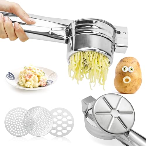 Schiacciapatate Manuale in Acciaio Inox - Pressa per Purè di Patate Liscie, Marmellata, Verdure e Frutta con 3 Dischi Sostituibili - Design Ergonomico e Facile da Pulire