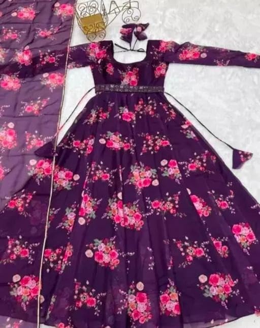 Image of Elegant Floral Printed Long Kurti with Matching Dupatta in Flowing Poly Georgette Fabric for Graceful Ethnic and Festive