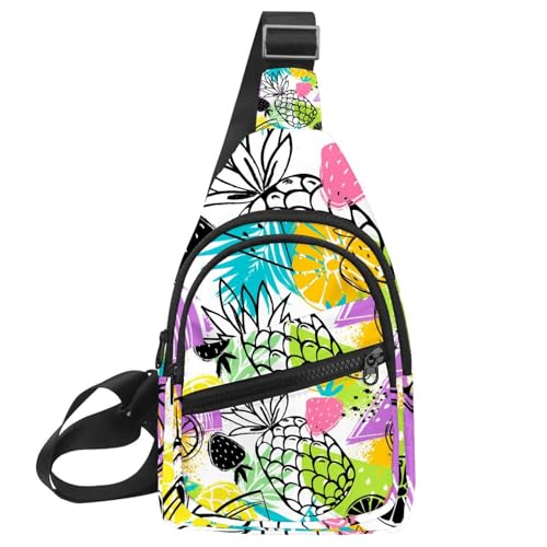 Tropics - Divertida mochila cruzada con diseño de piñas, fresas y naranjas, Multicolor 1, 11.8x7x1.5in/30x18x4cm
