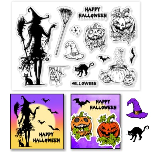 PH PandaHall Halloween Witch Clear Stamp Pumpkin Silicone Stamp Black Cat Transparent Rubber Stamps Seal Paper Stamps for Halloween Card Making Photo Albums Scrapbooking Gift Tags