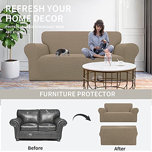 Image of Easy-Going Stretch Oversized Loveseat Slipcover 1-Piece Sofa Cover Furniture Protector Couch Soft with Elastic Bottom for Kids Polyester Spandex Jacquard Fabric Small Checks Natural