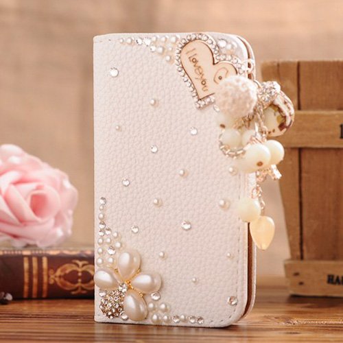 NE3C 1X (TM) Samsung Galaxy Mega 6.3 I9200 I9025 I9028 Leather Folio Support Smart Case Cover with Card Holder & Magnetic Flip Horizontals - Loveyou Pearl Flower