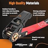 maXpeedingrods 4x 997kg Tie Down Straps 15ft (4.5m), Ratchet Straps 2200lb, Lashing Straps 25mm, Straps with safety clip S-hooks, motorcycle tie down straps, EN 12195-2 - Red - Image 2