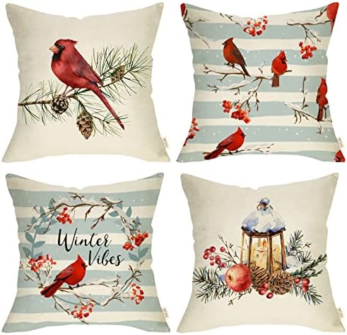 Fjfz Winter Vibes Cardinal Red Birds Decorative Throw Pillow Cover 18x18 Set of 4, Berry Wreath Pine Cones Kerosene Lamp Striped Home Decoration Sign, Snow Farmhouse Cushion Case for Sofa Couch Decors