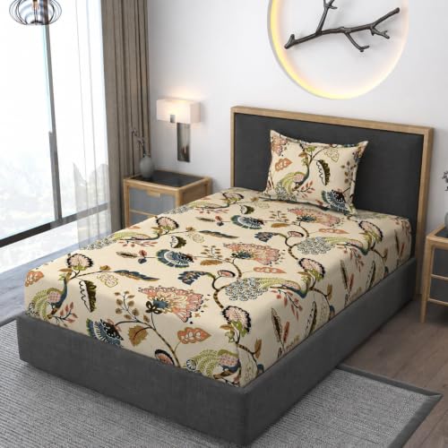 Image of Vram Premium Heavy Cotton Flat Bedsheets with 1 King Size Pillow Covers || Single Bed 350 TC || 60 x 90 Inch Single Size Flat || :- Jaipuri Peacock