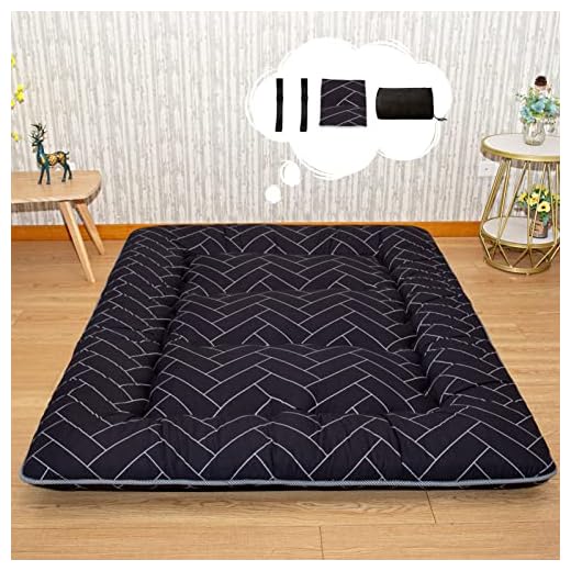 HIGOGOGO Japanese Floor Mattress for Adults, Thick Foldable Futon Mattress, Korean Roll Up Sleeping Pads, Portable Folding Foam Floor Bed Tatami Mat, Shikibuton for Guest, Black Geometric, Queen