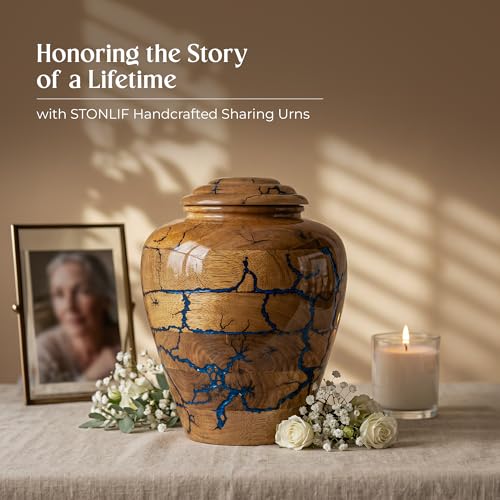 Image of Large Wooden Cremation Urns for Human Ashes - 200 Cubic Inches Funeral Memorial Urn for Adult Women & Men - Blue Decorative, Burial Urn for Male or Female Memorial Display