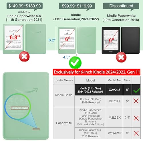 جراب حماية صديق للبيئة مع سوار يد لجهاز كيندل الجيل الحادي عشر الجديد كليا إصدار 2024/2022، 6 بوصة، هيكل رفيع ذكي مع خاصية النوم/الاستيقاظ التلقائي، أسود