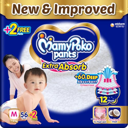 Image of MamyPoko Pants Extra Absorb Baby Diapers, Medium (M), 56 Count(+2) Free Diaper, 7-12 Kg