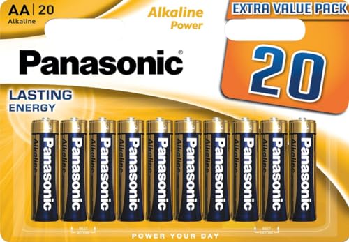 Panasonic, Pilas AA, 20 Unidades, Mignon, LR6, alcalinas, 1,5 V, Protección contra Fugas, 7 años de Almacenamiento, Ideales para mandos a Distancia, Básculas, Relojes, Energía Duradera y fiable