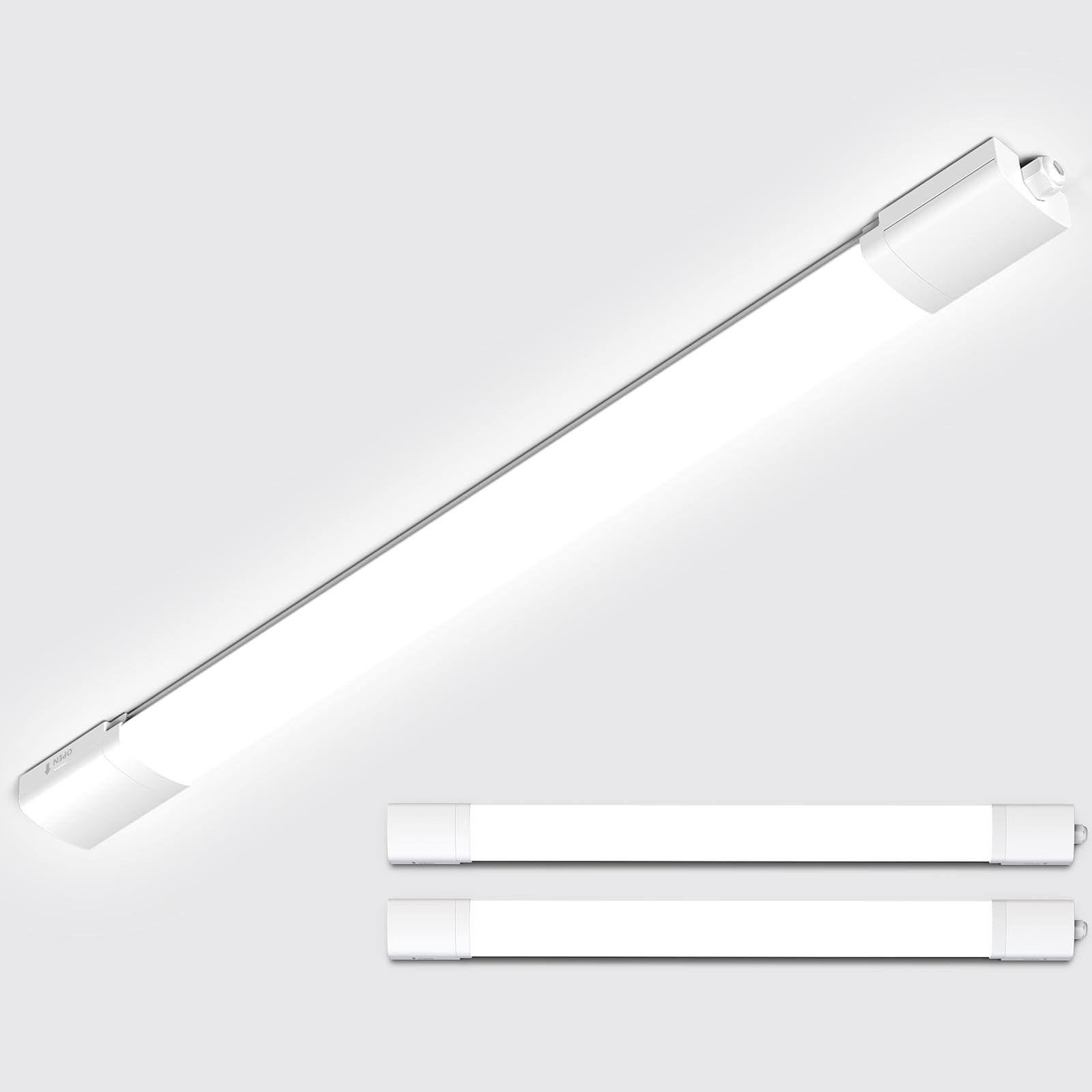 Amdelne 2ft LED Batten Lights 2 Pack, 6000K Daylight Plug in Ceiling Light, IP65 Outdoor Lighting, Linkable Strip Lights for Garage, Shed, Loft, Kitchen, Wall, Basement, Office, Warehouse, 18w 60cm