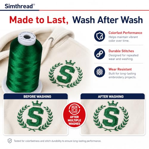 Image of Simthread 5000M 40WT Polyester Embroidery Thread, Emerald Green 507 | 5000M 40WT polyester thread feeds smoothly for machine embroidery, monograms, logos, patches and quilting.