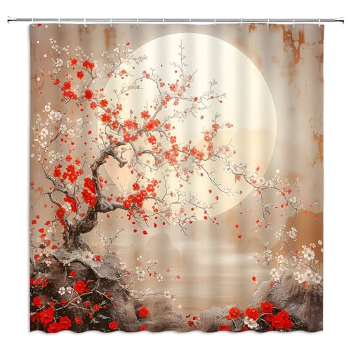 Filmilil BS-5923AM-180X180 Asian Decor Shower Curtain Brown Red Cherry Blossom Branch Full Moon Japanese Red Floral Chinese Traditional Ink Painting Vintage Bathroom Curtain Set Polyester Fabric Hooks 70 X 70 Inch cover