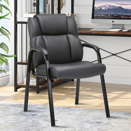 Image of CLATINA Classic Leather Soft Reception Chair with Padded Armrests and Metal Frame, Executive Guest Chair for Office Computer Desk Conference Waiting Meeting Room, Black (2 Pack)
