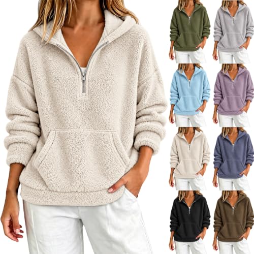 Womens Fleece Jacket Beige S Quarter Zip Hoodie Fall Oversized | Fall Sweatshirts for Women, Double-sided Fleece Cozy Warm Hoodie, Quarter Zip Fleece Pullover Women, Trendy Casual Outwear - image 1
