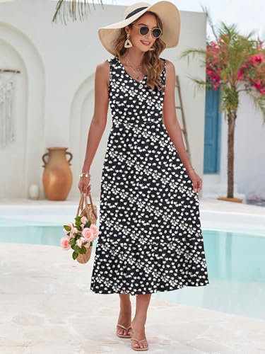 Image of AUSELILY Womens Summer Maxi Dress Casual Sleeveless V Neck Floral Dresses | A line shape with practical side pockets, Vacation dress for resort walks, Pair with low heels and simple jewelry