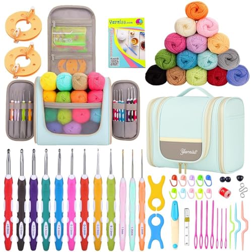 Yarniss Crochet Kits for Beginners with Case, Learn to Crochet Set Includes 1050 Yards Crochet Yarn & 12 Size Ergonomic Crochet Hooks,Mint