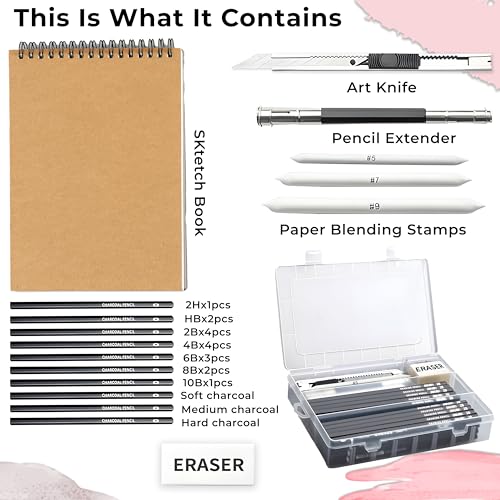 Image of Sketch Pencil Set, Drawing Pencil Set and Shading Pencil Set for Artists, Perfect Sketching Kit of Charcol and Shading Art with Carry Box and A5 Sketch Book (28 Pieces)
