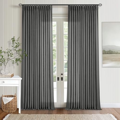 Image of Charcoal Gray Linen Pinch Pleated Curtains 120 Inches Long for Living Room Pleated Drapes Back Tab Thick Linen Dark Grey Simple Modern Neutral Farmhouse Extra Long 120 Inch Curtain for Dining Bedroom