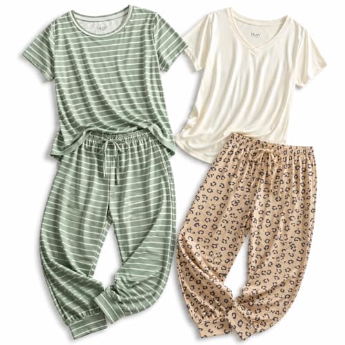 Blush by Us Angels 4 Piece Womens Pajama Set Cozy Short Sleeve Shirt and Drawstring Pants Sleepwear Set Ivory & Sage