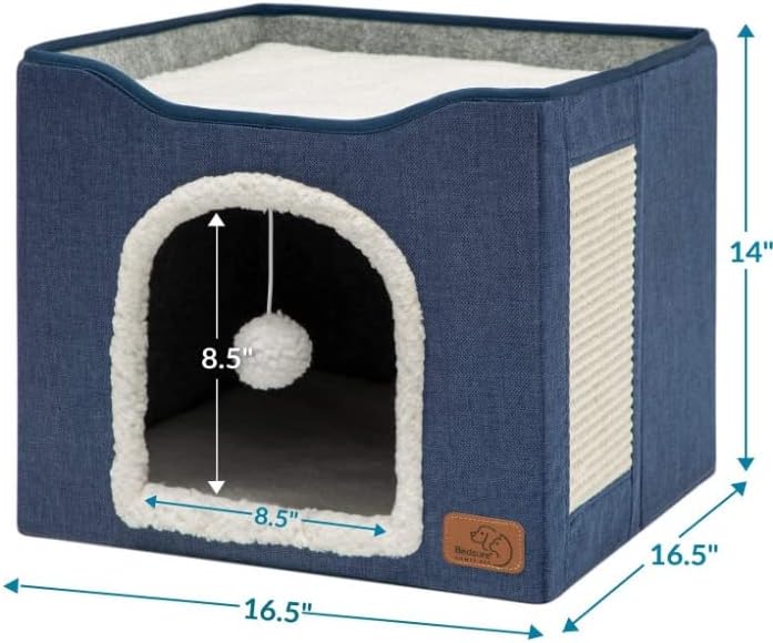 review Cat Bed, Cat House, Cat Cave, Cat Bed, Cat Condo, Cat Cube, Cat Teepees with Scratching Board and Plush Ball, Foldable. Size- (16.5 X 16.5 X 14) Color- Blue