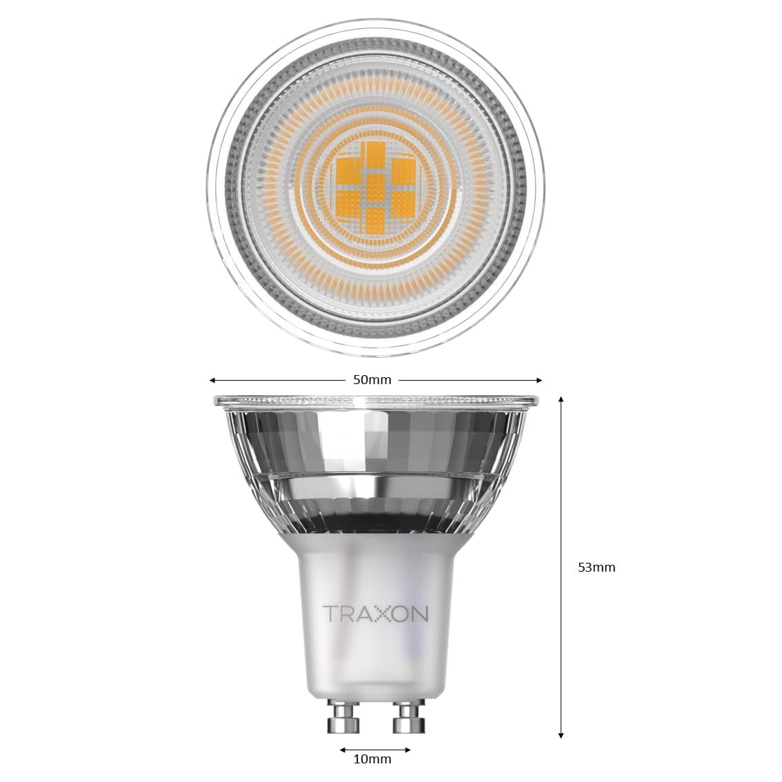 TRAXON LUXPOINT Bombilla LED GU10 Regulable, 4.7W (Equiv. 50W), 450lm, DIM TO COZY 2200-2700K, Ángulo 100°, Luz Cálida Ajustable, CRI Alto (4.7W Pack 20 und)