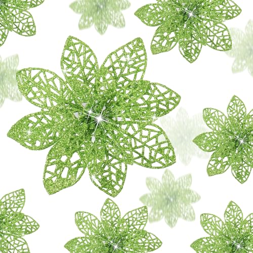 BOAO 24 Stück Glitzer Weihnachtsstern Weihnachtsbaum Ornament Weihnachten Blumen Dekor Ornament, 3/4/6 Zoll (Grün)