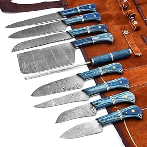 G32 Professional Kitchen Knives Damascus Steel Utility Chef Kitchen Knife Set Paaka Wood with Chopper/Cleaver Pocket Case Chef Knife Roll Bag and Knife Sharpener Rod G32