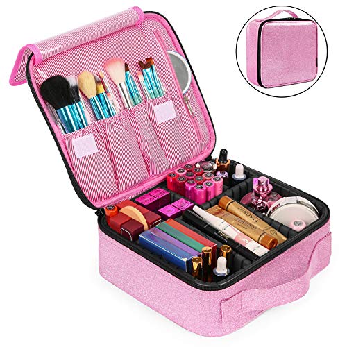 NiceEbag Makeup Bag Professional Train Case Cute Cosmetic Case for Women Travel Leather Makeup Organizer with Brush Section & Removable Dividers for Cosmetics Make Up Tools Toiletry,Shining Pink