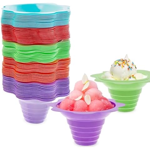 Lot45 Snow Cone Bowls - Reusable Colorful Plastic 100pc Shaved Ice Flower Cups - Holds 4oz of Desserts and Snacks Cover