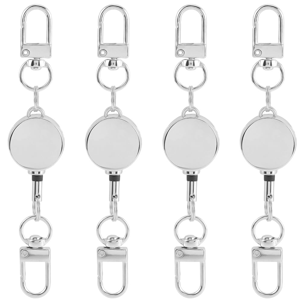 SUNNYCLUE 1 Box 4Pcs Silver ID Badge Holder Retractable Badge Clips Bulk Metal Alloy Heavy Duty Key Reel Holder Clip with Double Swivel Clasps for DIY Crafts Keychain Making Office Employee Supplies