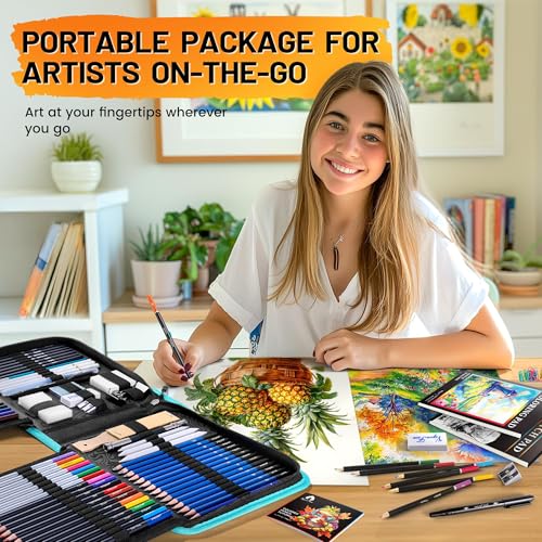 106 PCS Art Supplies Sketching Kit, Pro Drawing Pencils with 3-Color Sketchbook, Coloring Book, Colored Graphite Charcoal Watercolor & Metallic Pencils, Drawing Supplies Gifts for Artists Adults Kids - Thumbnail 7
