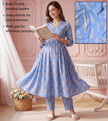 Image of DUMMY SHAPE Maternity Dresses for Women Cotton Rayon | Floral Kurta Pant Dupatta Set with Nursing Zippers to Pre & Post Partum | Feeding Kurtis | Mom to Be Gifts for Pregnant Woman