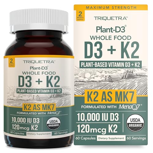 Image of Organic Plant D3 + K2 | 10000 IU D3 + 120 mcg K2 as All-Trans MK7 from MenaQ7 - 100% Whole Food, Raw & Vegan | Enhanced Digestion with Prebiotic & Superfood Complex - D3 from Organic Algae (60 Count)
