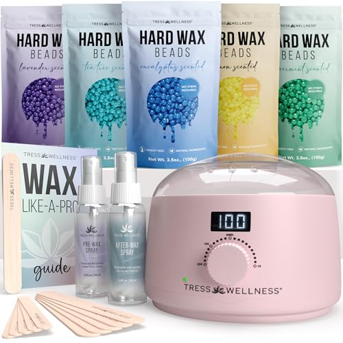 Image of Tress Wellness Award Winning Waxing Kit for Sensitive Skin - Safe for Face & Skin, Easy to Use - At-Home Kit for Face, Bikini, Brazilian & Full Body - Digital Display, Pink