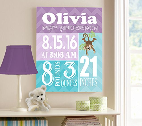 Personalized Stretched Canvas Birth Announcement Gift, Custom Baby Name, Date, Weight Stats, Newborn Nursery Monkey Wall Art Decor, Wooden Frame Construction, Ready to Hang 20X24