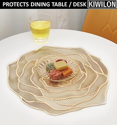 Image of Rose Design PVC Dining Table Placemat Set of 6 | Heat Resistant & Non-Slip Table Mats for Dining Table | Washable Decorative Place Mats for Kitchen & Dining | 38 x 36 CM (Gold, Rose)
