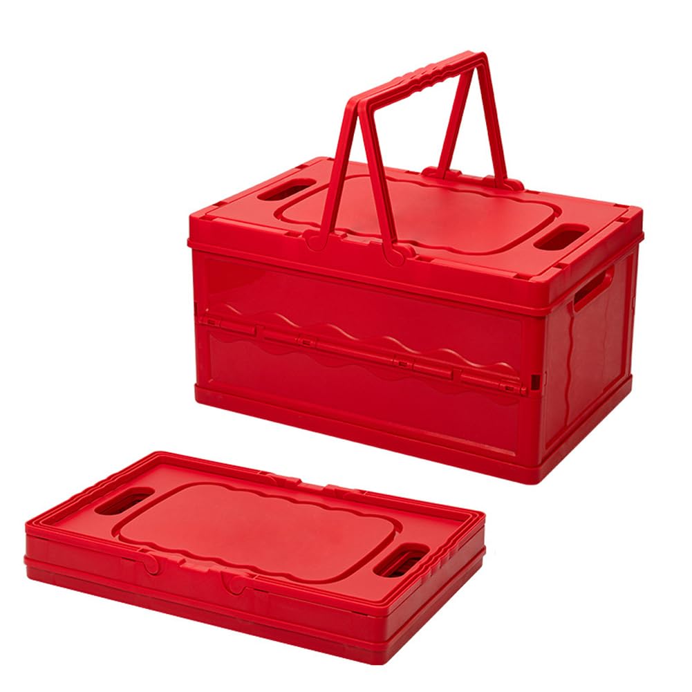 Mumuxiao Red Lidded Storage Basket Large 30L Collapsible Crates Plastic Storage Box,Stackable Crates Portable Picnic Basket For Clothes Books Grocery Storage (Red)