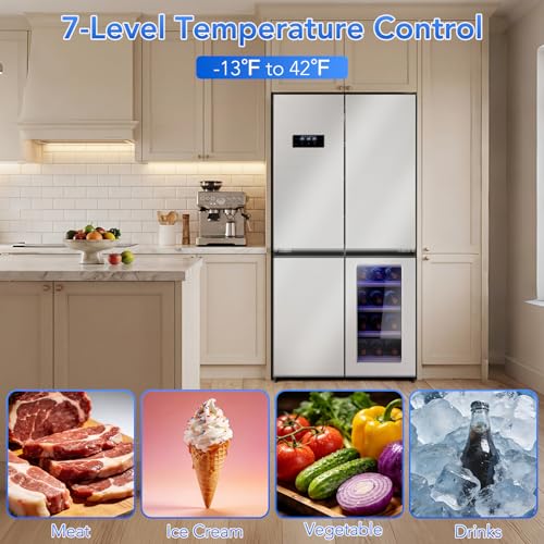 Image of COWSAR 36-Inch and 21 Cu. Ft. Counter Depth French Door Refrigerator with Wine Cabinet and 4 Doors Kitchen Deep Freezer in Stainless-Steel