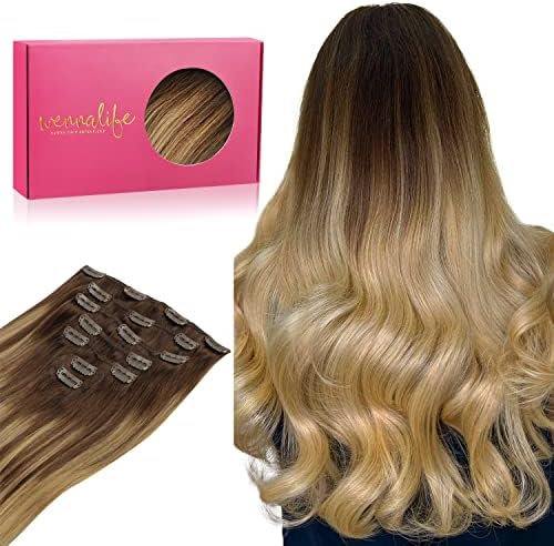 WENNALIFE Clip in Hair Extensions Real Human Hair, 14 Inch 120g 7pcs Balayage Chocolate Brown to Dirty Blonde Hair Extensions Clip In Human Hair Remy Clip in Hair Extensions Natural Human Hair