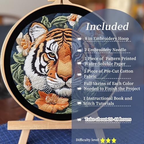 Image of FONNUY Tiger Floral Embroidery Kit, Cross Stitch Kits for Beginners, Handmade Crafts with Printed Patterns for Beginner Adults, Easy to Follow Color Thread Needlework, 8'' Hoop