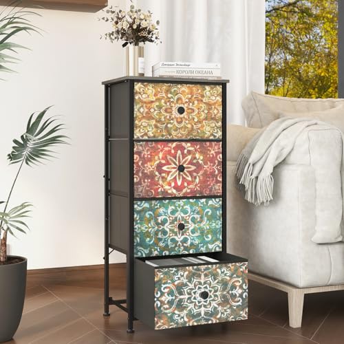 GiftGo Retro Dresser with Fabric Drawers Boho Mandala Flower Chest