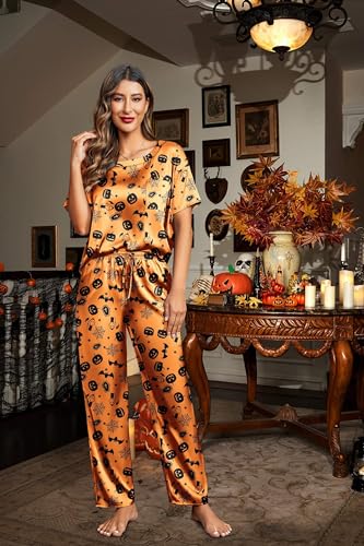 Image of Ekouaer Womens Satin Silky Pajama Set Short Sleeve Shirt with Long Pajama Pant Set Soft PJ Loungewear