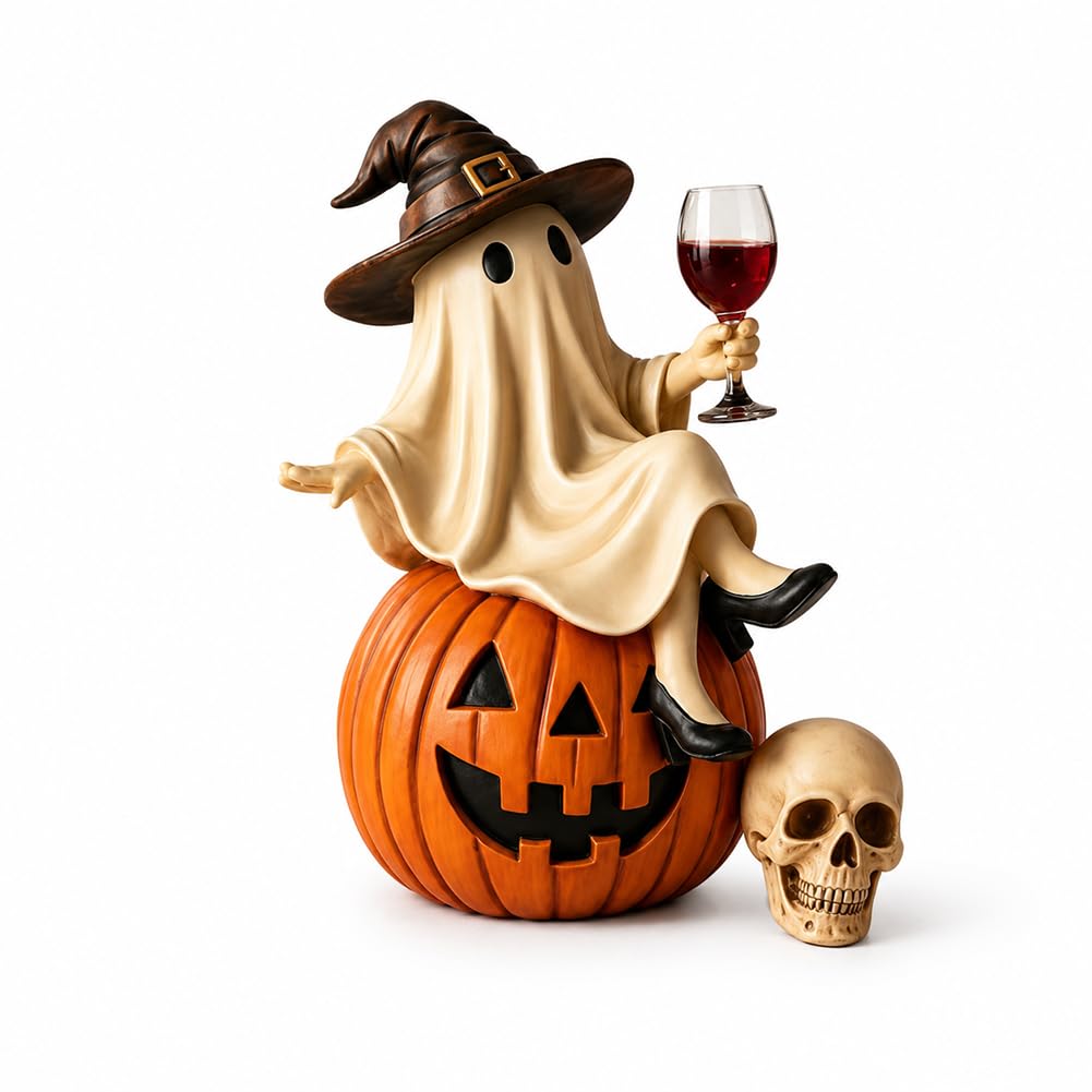 Halloween Ghost Witch Resin Figurine Sitting On Pumpkin With Wine Glass