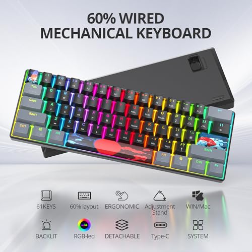 Image of Protable 60% Percent Gaming Keyboard Mechanical, Mini Compact RGB Backlit 61 Keys Wired Office Keyboard with Blue Switch for Mac /Win (Dark /Blue Switch)