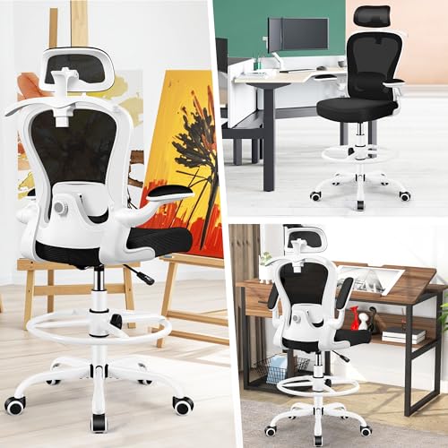 Image of Drafting Chair, Tall Office Chair with 3D Lumbar & Head Support, Ergonomic Mesh Standing Desk Chair with Footring, Comfy Extended High Desk Chair with Flip-Up Arms & Hanger,White